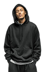 Urban fashion portrait of a young man in black hoodie modern style isolated on transparent background