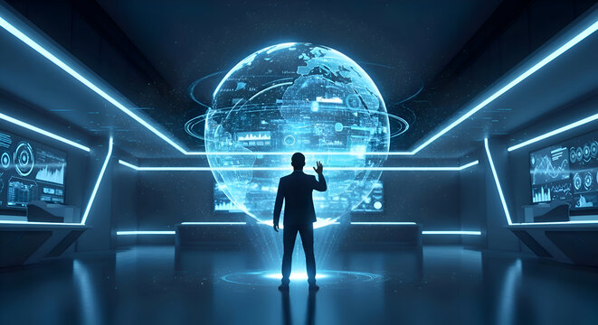 Businessman Analyzing Global Data in Futuristic Control Room - Powered by Adobe