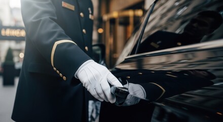 Chauffeur in uniform opening car door with gloved hand, shallow focus