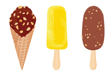 Collection of tasty various ice cream cones, popsicles and fruit ice with different fillings. Set of ice cream scoop with different topping in waffle cone.  Sweet summer dessert.
