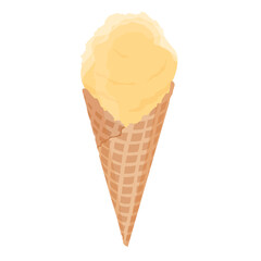 Mango ice cream scoop with a crisp waffle cone isolated on white background