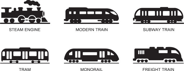 Train Vector Icons - Steam Engine, Modern, Subway, Tram, Monorail, and Freight Train Set