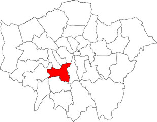 Map of Greater London highlighting the borough of Wandsworth. Ideal for designs on its Thames riverside, expansive parks, and vibrant communities