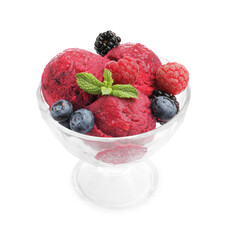 Delicious sorbet with fresh berries and mint in dessert bowl isolated on white