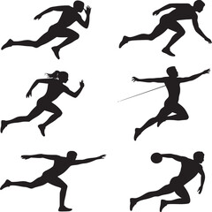 Vector art of silhouette set of athletes running and jumping isolated on white background for sport and competition