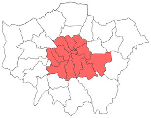 Map of London highlighting the Inner Boroughs. Ideal for urban planning, demographic studies, or projects focusing on the city's central area