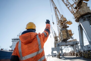Construction worker in safety gear pointing at crane on job site.