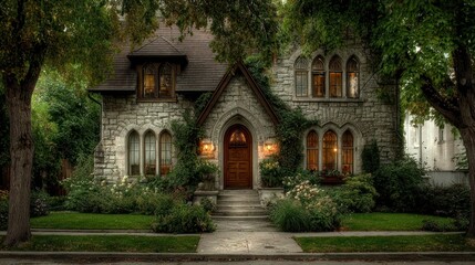 Fototapeta premium Charming stone house with pointed arch, greenery, and warm, inviting windows