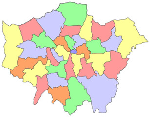Vibrant, colorful map of London, with each borough shown in a different hue. Ideal for data visualization, urban planning, or infographics