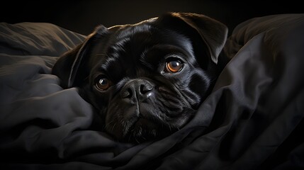 A beautiful black pug dog is resting in soft, dark blankets, with a peaceful expression.