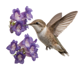Hummingbird feeding on purple flowers nature scene wildlife view isolated on transparent background