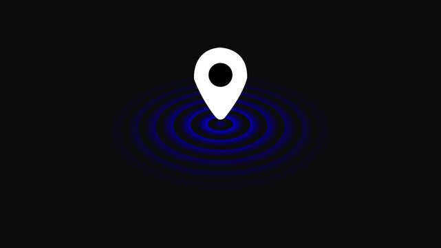 G P S  location  Pin icon . Simple white location blue color pin icon on a solid representing a destination or point of interest. Pointer position location tracking animated on black background.