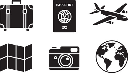 Travel Vacation Tourism Silhouette Set Suitcase Passport Airplane Map Camera Globe Vector
