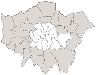 Map of London with Outer Boroughs highlighted in grey. Ideal for urban planning, demographics, and projects focusing on the city's suburban areas