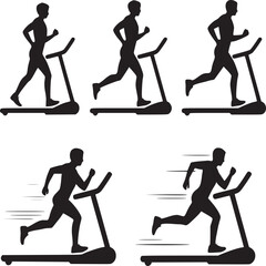 Vector art of silhouettes of people running on treadmills isolated on white background, illustrating fitness and exercise routines