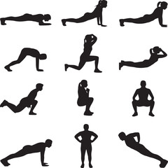 Vector art of silhouette of woman doing fitness and workout exercises isolated on white background