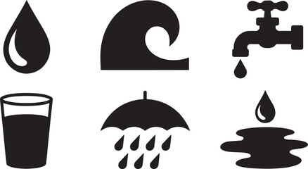 Water Related Vector Icons Set Drop Wave Tap Glass Umbrella Puddle Liquid Hydration Nature