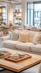 A furniture store displaying elegant sofas and coffee tables in a cozy setting, soft lighting and warm tones, clean and professional composition, copy space, minimalism, stock photography