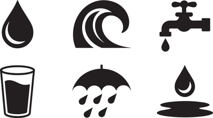 Water and Liquid Icon Collection for Hydration, Weather, and Plumbing Concepts in Vector Art