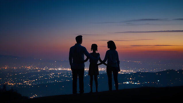 Family in silhouette enjoys city lights from rooftop as dusk fades into night with glowing skyline
- Powered by Adobe
