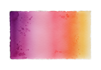 Rectangular paper with deckled edges, textured surface, vibrant purple-pink to red-orange watercolor gradient with drips, isolated on clean white background with copy space, top-down, shadowless,