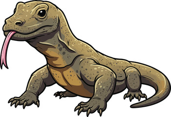Obraz premium Cartoon Komodo Dragon Illustration with Tongue Out, Detailed Scales, and Bold Outlines for Children's Education, Wildlife Art