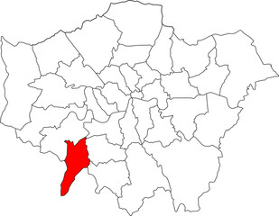 Map of London highlighting the Kingston upon Thames borough. Ideal for local government, travel resources, and geographic information focusing on the area