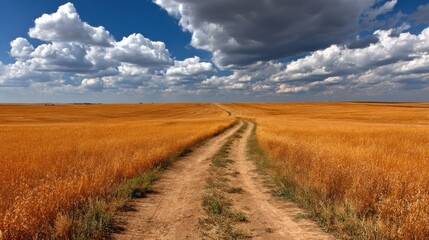 Obraz premium A dirt road runs through a vast golden field under a dramatic cloudy sky