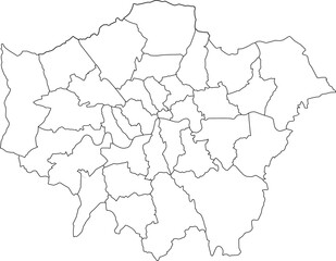  A detailed vector outline map of Greater London, clearly showing the boundaries of its 32 boroughs. Ideal for urban planning or data-driven projects