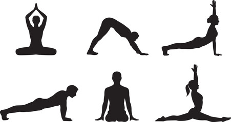 Yoga Poses Collection Black Silhouette on Transparent Background Meditation Exercise