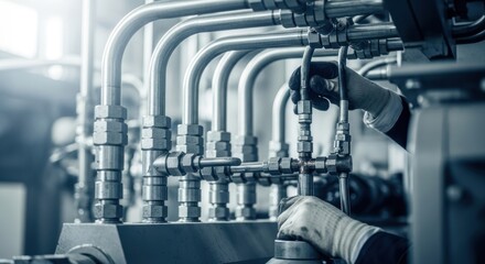 Close-up of metal tubes, fittings, and gloved hands on industrial machinery