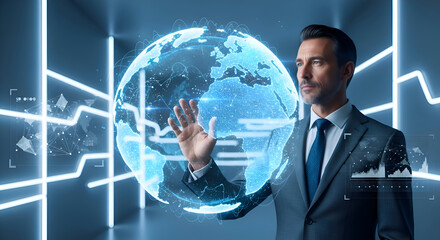 Businessman Analyzing Global Data with Digital Interface