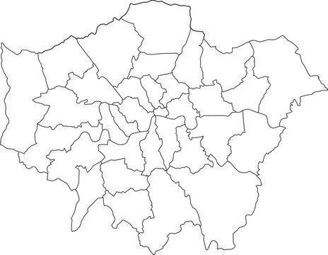  A detailed vector outline map of Greater London, clearly showing the boundaries of its 32 boroughs. Ideal for urban planning or data-driven projects