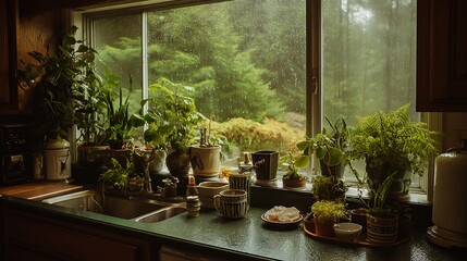 Fototapeta premium Rainy day kitchen plants window view.
