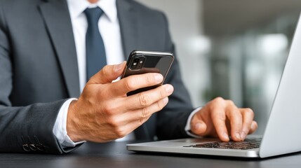 Man using smartphone while working on laptop in an office setting