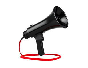 Black megaphone with red strap on transparent background