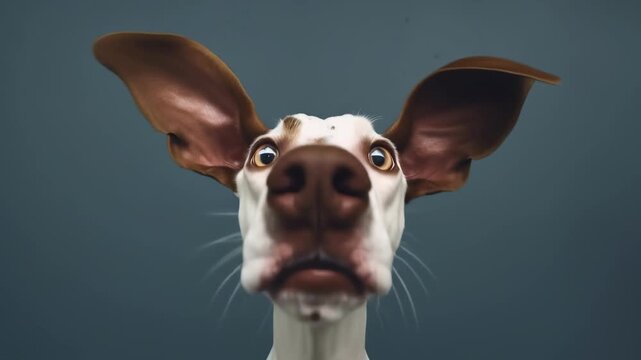 A funny dog with a humorous expression and big ears flying in the wind. A comic animal face for funny pet videos and memes. 4K animation.
