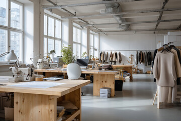 Bright and spacious fashion design studio with sewing machines, wooden tables, and clothing racks in a modern industrial workspace