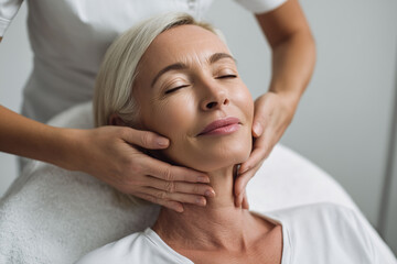 Relaxed mature woman enjoying a soothing facial massage in a spa setting with closed eyes and calm expression