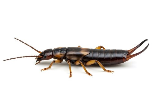 Detailed close-up of an earwig insect, perfect for educational materials about pests, entomology, or wildlife, showcasing its unique features against white
