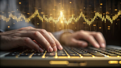 Trader analysis gold concept ,Hands typing on keyboard with gold chart overlay, symbolizing data analysis and finance