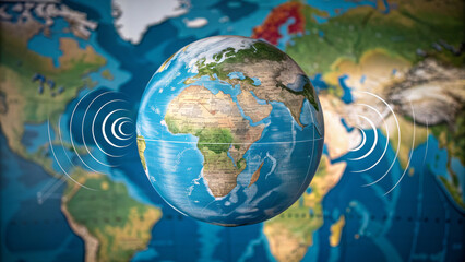 Naklejka premium Globe representing international voices with sound waves overlaying world map, symbolizing global communication and connection