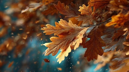 Close up view of brown oak leaves on a branch with falling leaves and a blurred background