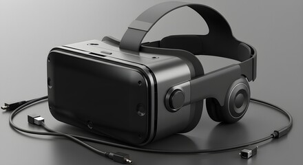 Black VR headset with cables rests on a soft surface, ideal for tech product displays, branding, or presentations.