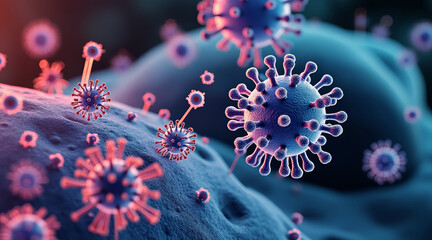 RSV concept ,Viruses attacking cell surfaces, showcasing intricate details and vibrant colors, evoke sense of scientific