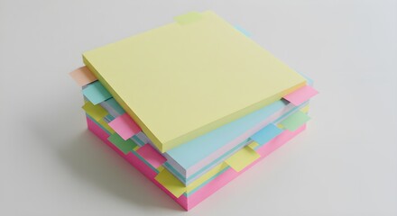 Colorful sticky notes stack on white reflect surface. Minimal, clean style for UI design, product staging, branding, posters.