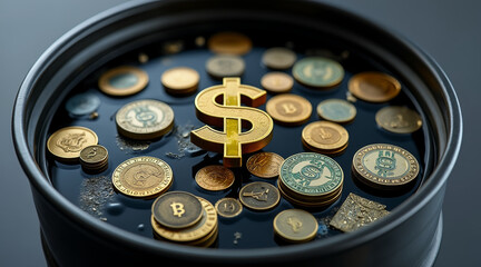Oil gains concept ,rotating oil barrel reveals profit inside with various coins and dollar symbol, showcasing wealth