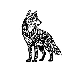 Obraz premium Elegant Black and White Floral Wolf Illustration.