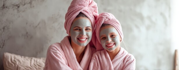 The mother and daughter enjoying a relaxing spa day with face masks.