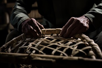 A craftsman assembling a wooden chair in a furniture shop workshop, focus on craftsmanship and details, clean and professional composition, copy space, natural color, minimalism, stock photography
